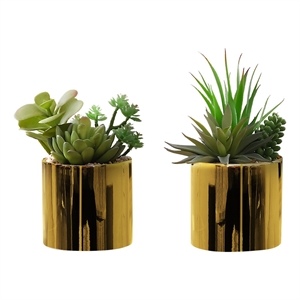 Artificial Plant - 7&quot Tall - Succulent - Indoor - Set Of 2 - Green - Gold Pots