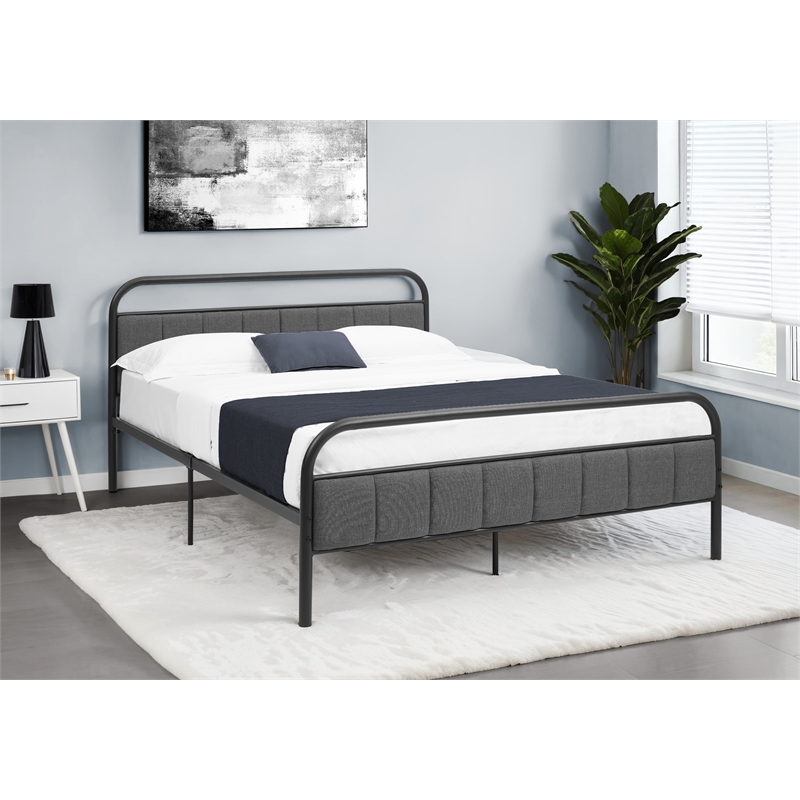 Monarch Linen Look Upholstered Queen Platform Bed in Gray/Black Metal
