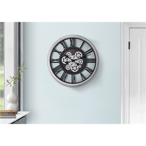 Clocks - 20&quot Round - Gear Mechanism - Wall Clock - Black - Silver - Transitional