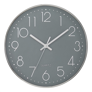 Clocks - 12&quot Round - Wall Clock - Gray Face - Silver Plastic Frame -Contemporary