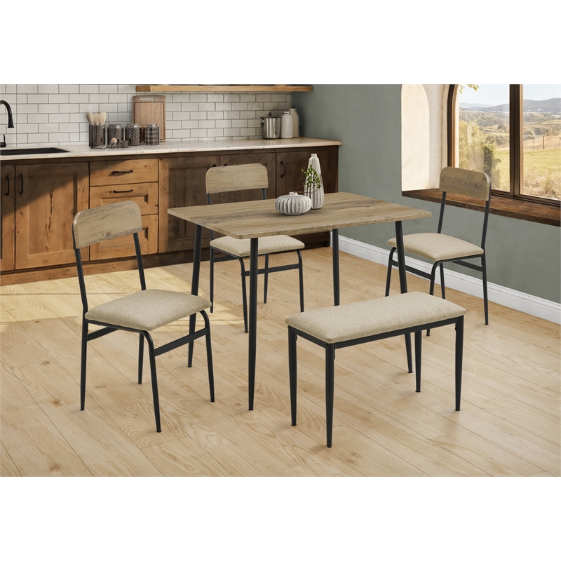 Dining Set - 5pcs Set - Brown Wood - Small - Kitchen - Black Metal - Modern
