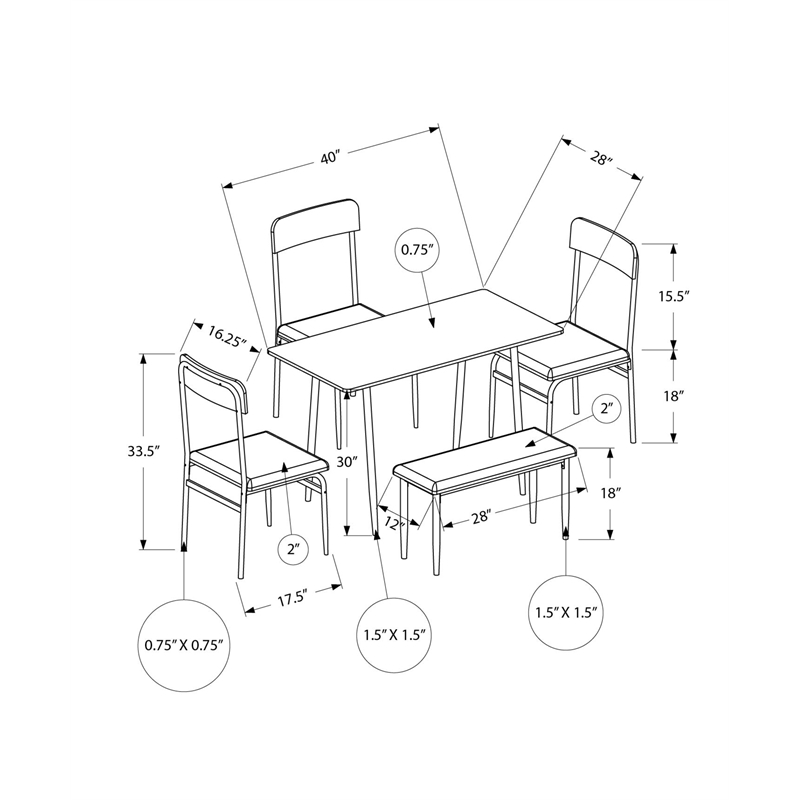 Dining Set - 5pcs Set - Brown Wood - Small - Kitchen - Black Metal - Modern