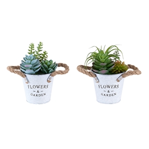 Artificial Plant - Set Of 2 - 7&quot Tall - Succulent - Table - White Metal Pots