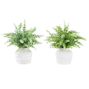 Artificial Plant - Set Of 2 - 16&quot Tall - Eucalyptus Grass - Table - White Pots