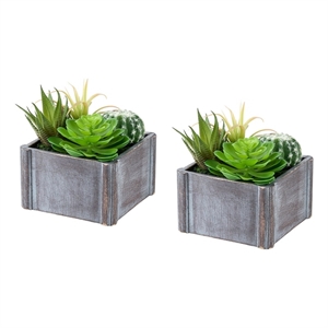 Artificial Plant - Set Of 2 - 8&quot Tall - Succulent - Table - Gray Wooden Pots