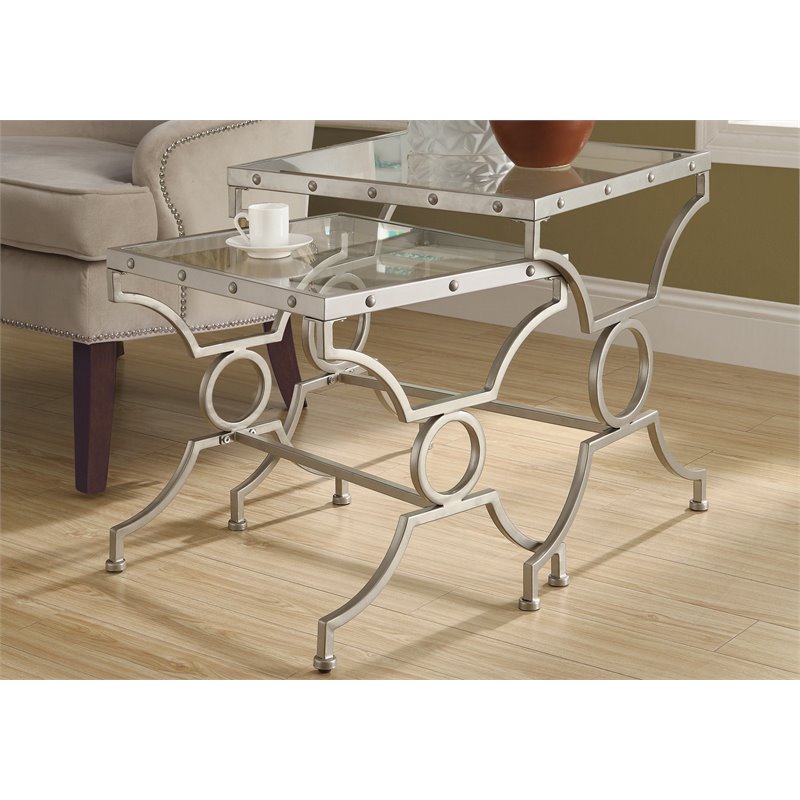 Monarch 2 Piece Square Nesting Tables in Satin Silver with Glass Top