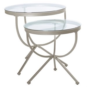 monarch 2 piece round nesting tables in satin silver with glass top