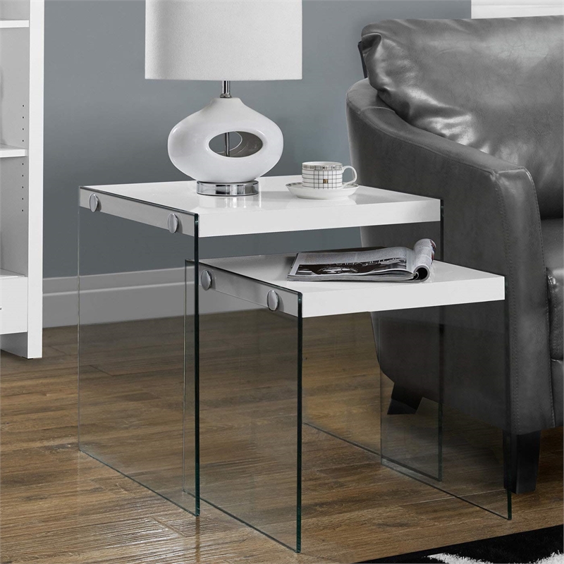 Nesting Table Side End Accent Bedroom Tempered Glass Glossy White