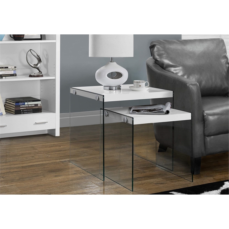 Nesting Table Side End Accent Bedroom Tempered Glass Glossy White