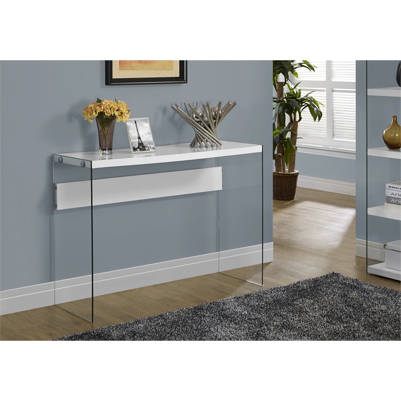 Accent Table Console Narrow Sofa Bedroom Tempered Glass Glossy White