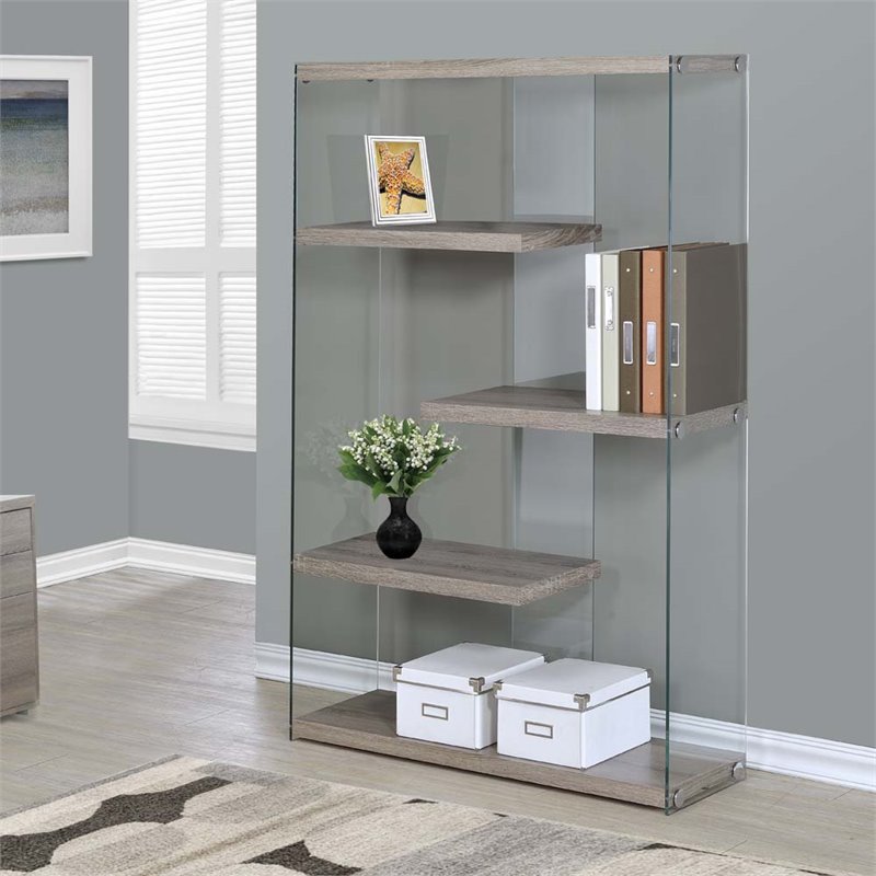 4 Shelf Glass Bookcase In Dark Taupe I 3052