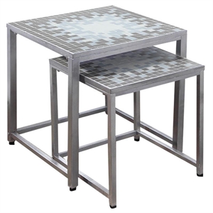 monarch 2 piece nesting table in hammered silver with blue and gray tile top
