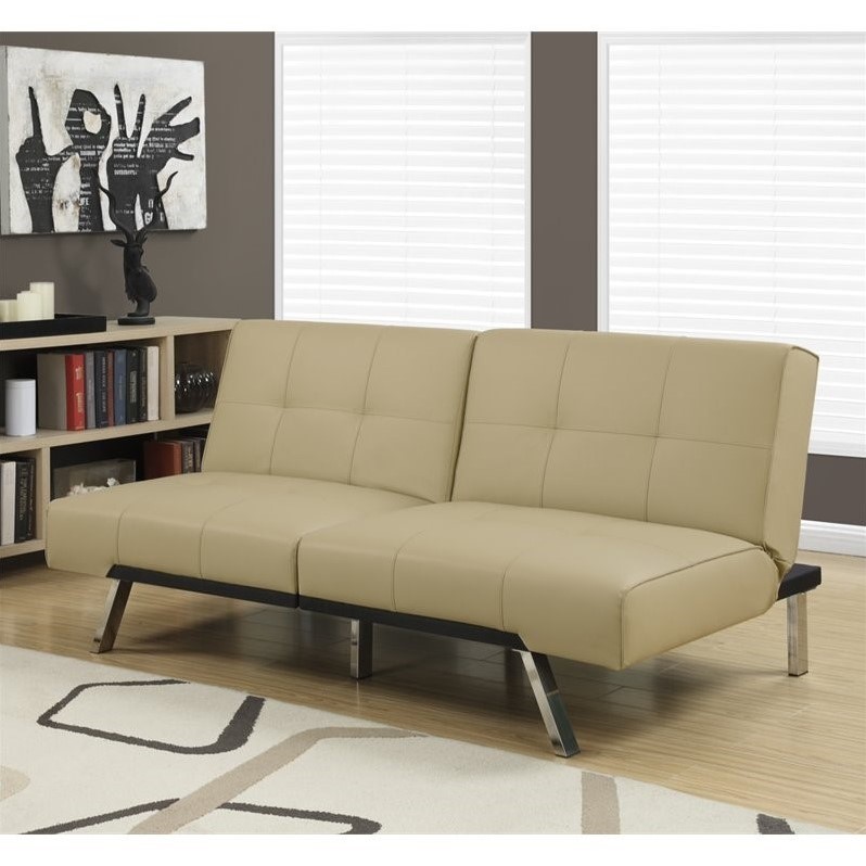 Leather Tufted Split Back Convertible Sofa in Taupe I 8937