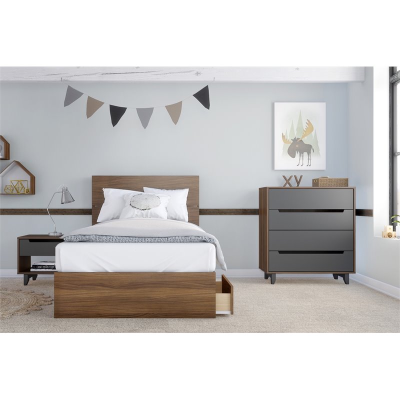 Mystik 4 Piece Twin Size Bedroom Set Walnut Charcoal