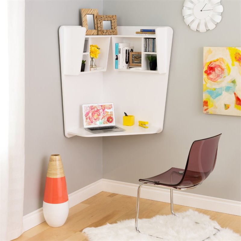 7 Shelf Floating Corner Desk in White WEHW02021