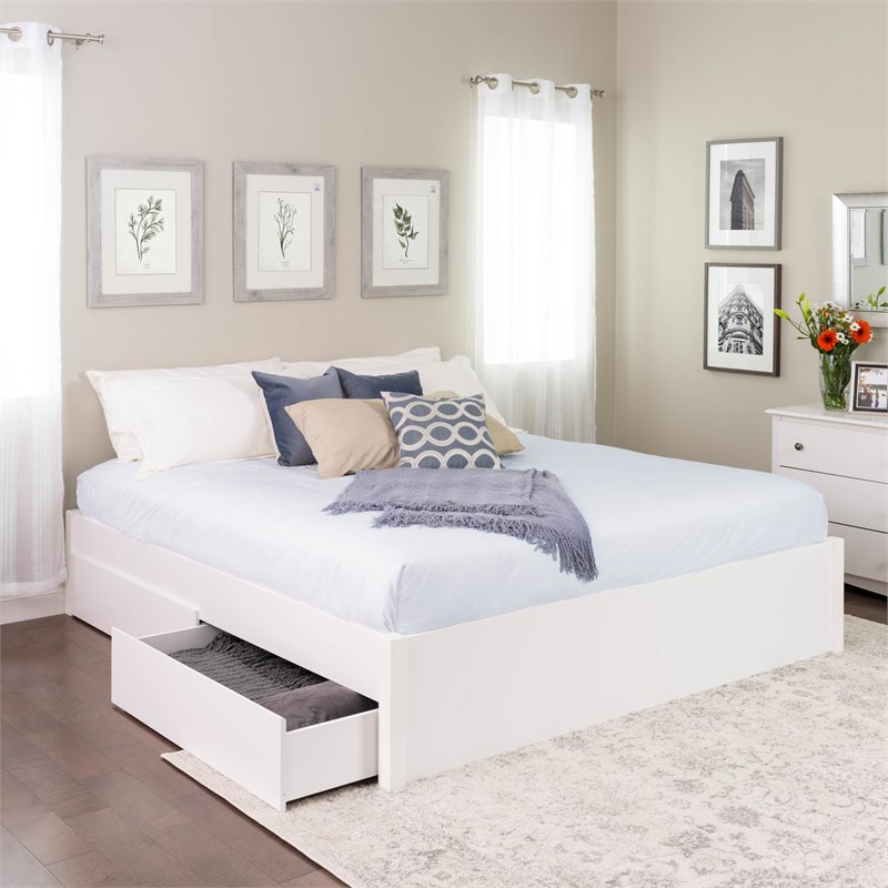 Prepac Select King 4 Post Platform Bed With 4 Drawers In White