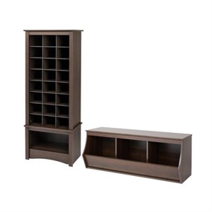 prepac hallway furniture set with bench and shoe cubby cabinet in espresso