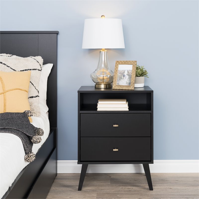 Prepac Milo Mid Century Modern 2 Drawer Tall Nightstand in Black