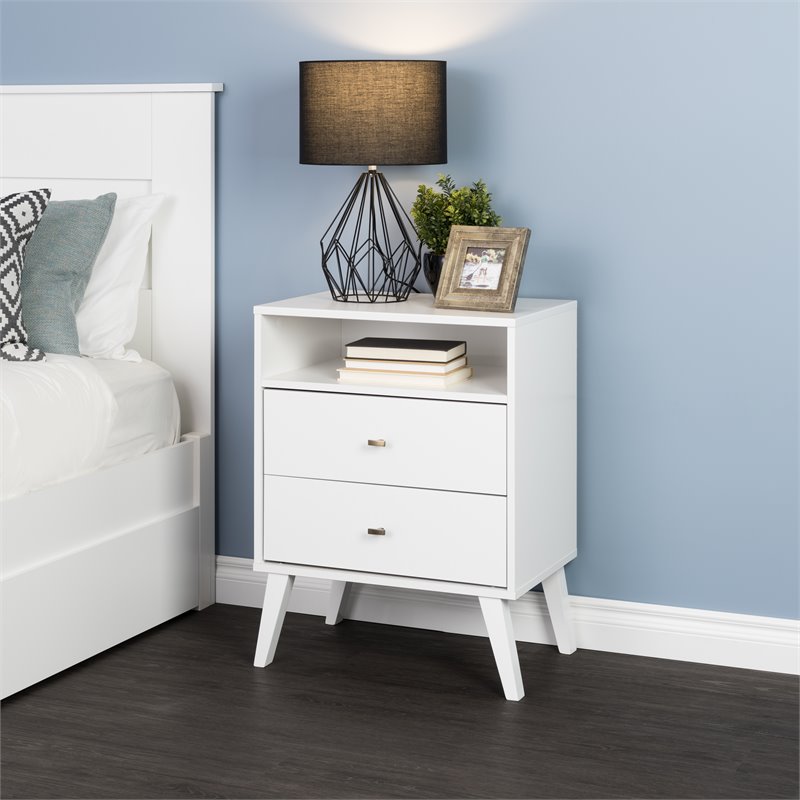 Prepac Milo Mid Century Modern 2 Drawer Tall Nightstand in White