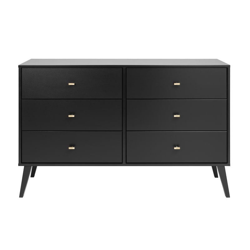 Prepac Milo Mid Century Modern 6 Drawer Double Dresser In Black