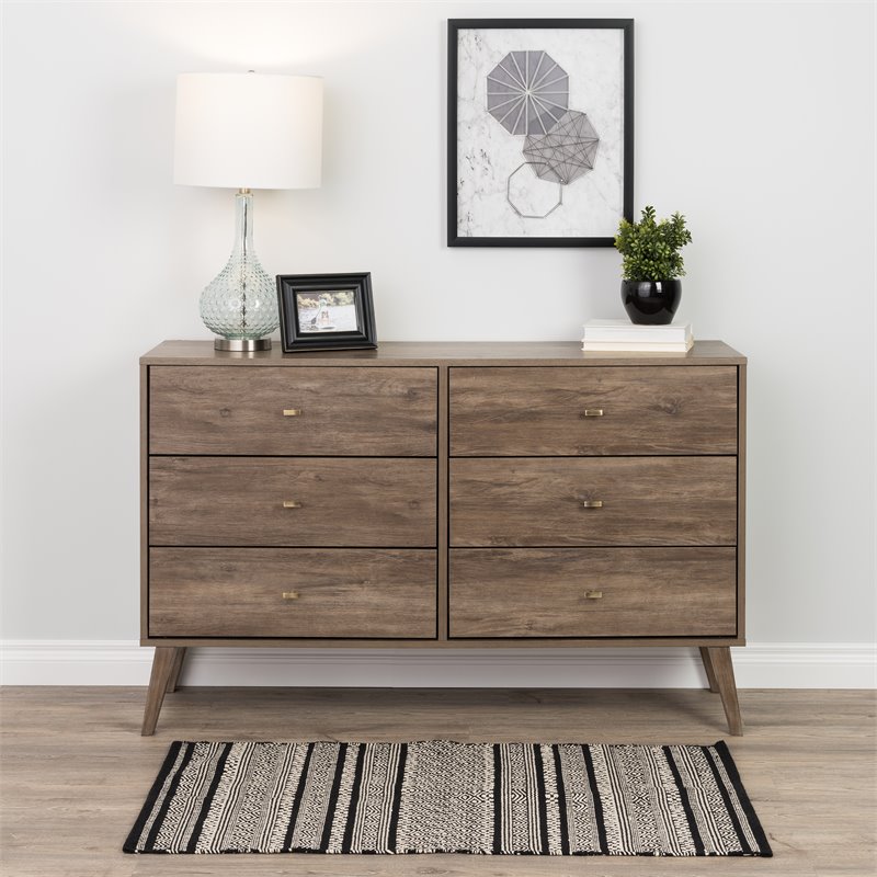 Prepac Milo Mid Century Modern 6 Drawer Double Dresser in
