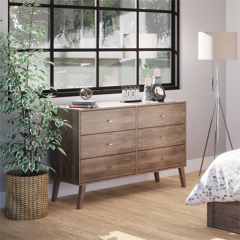 Prepac Milo Mid Century Modern 6 Drawer Double Dresser in Drifted Gray