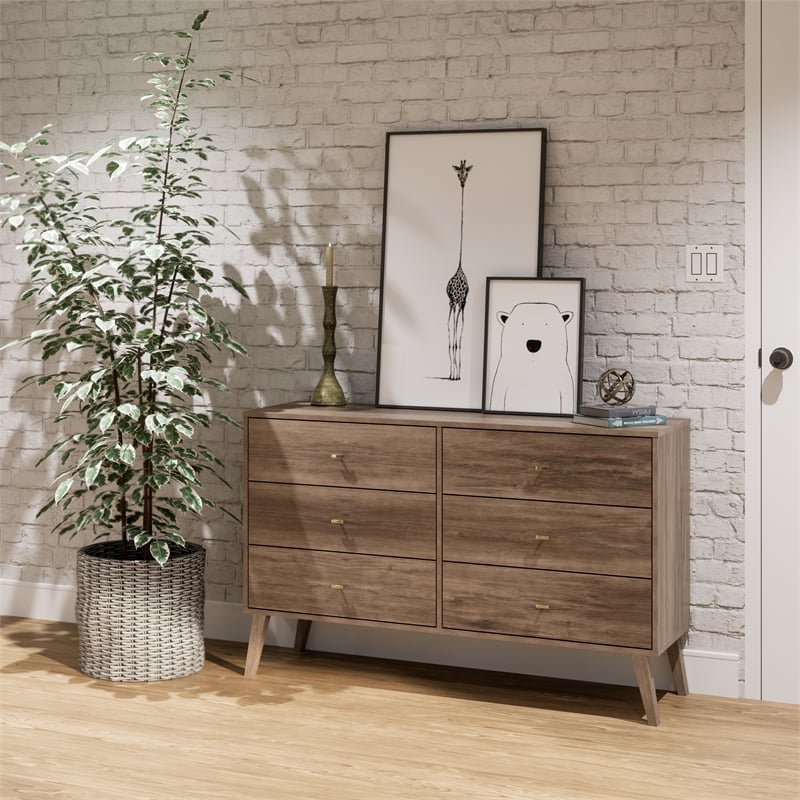 Prepac Milo Mid Century Modern 6 Drawer Double Dresser in Drifted Gray