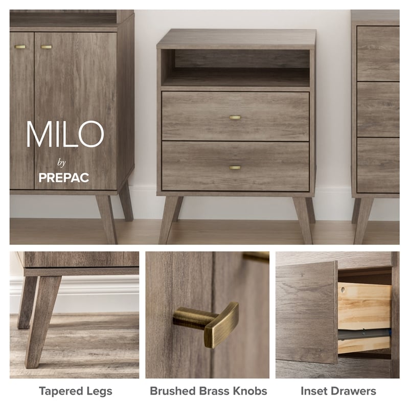 Prepac Milo Mid Century Modern 6 Drawer Double Dresser in Drifted Gray