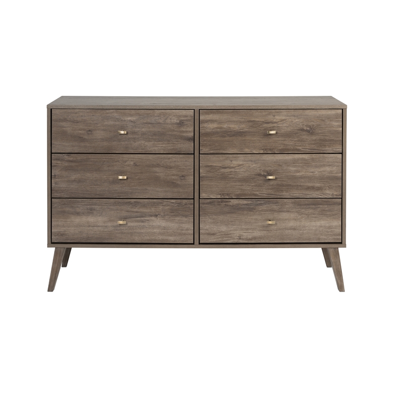 Prepac Milo Mid Century Modern 6 Drawer Double Dresser in Drifted Gray