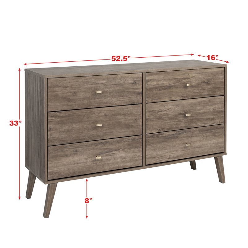 Prepac Milo Mid Century Modern 6 Drawer Double Dresser in Drifted Gray