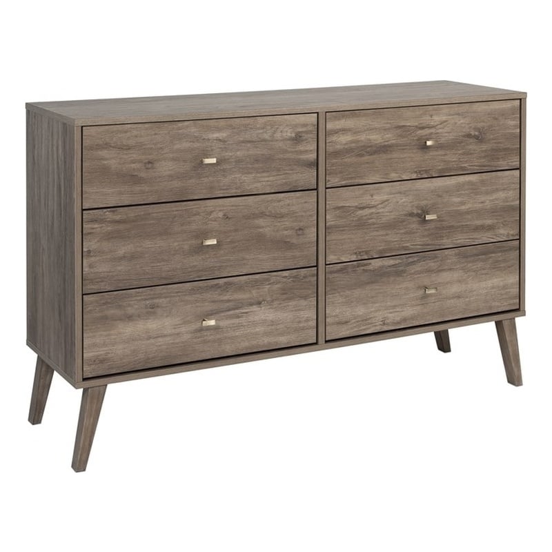 Prepac Milo Mid Century Modern 6 Drawer Double Dresser in Drifted Gray
