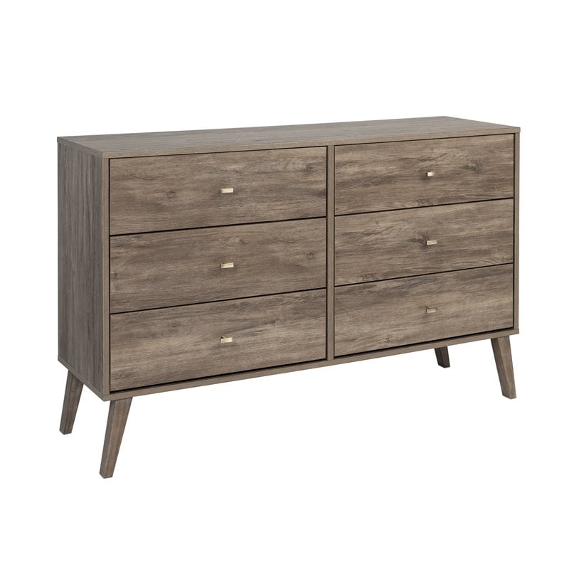 Prepac Milo Mid Century Modern 6 Drawer Double Dresser in Drifted Gray