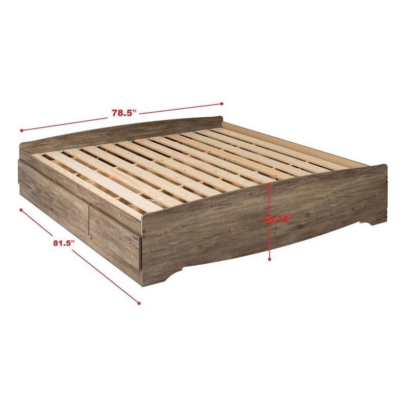 Prepac Salt Spring King Platform Storage Bed with 6 Drawers in Drifted Gray
