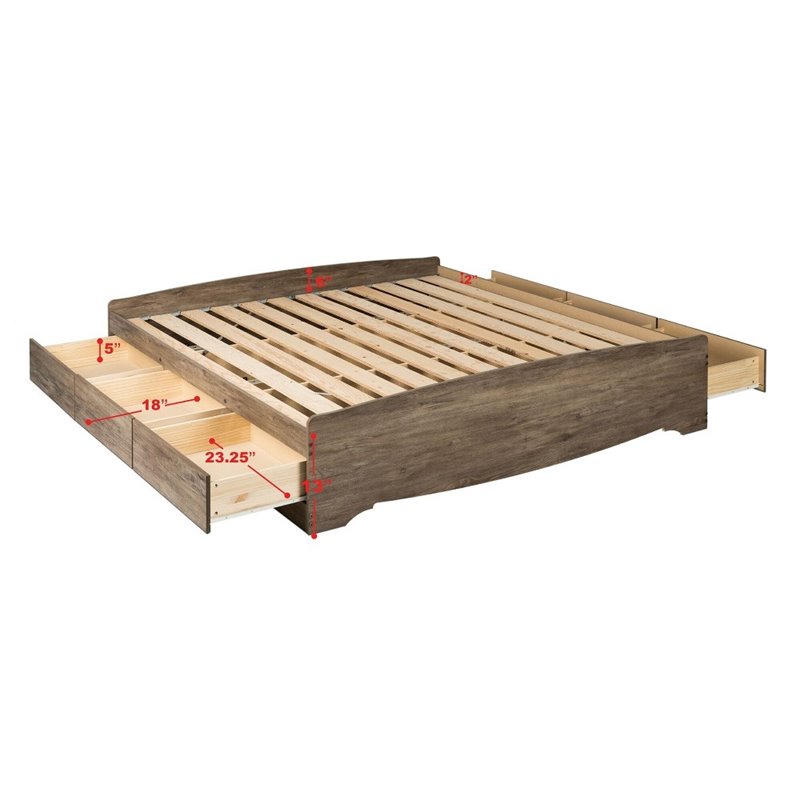 Prepac Salt Spring King Platform Storage Bed with 6 Drawers in Drifted Gray