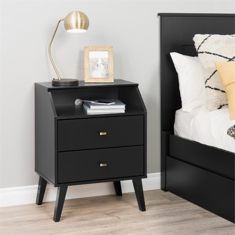 Prepac Milo Mid Century Modern 2 Drawer Nightstand with Cubby in Black