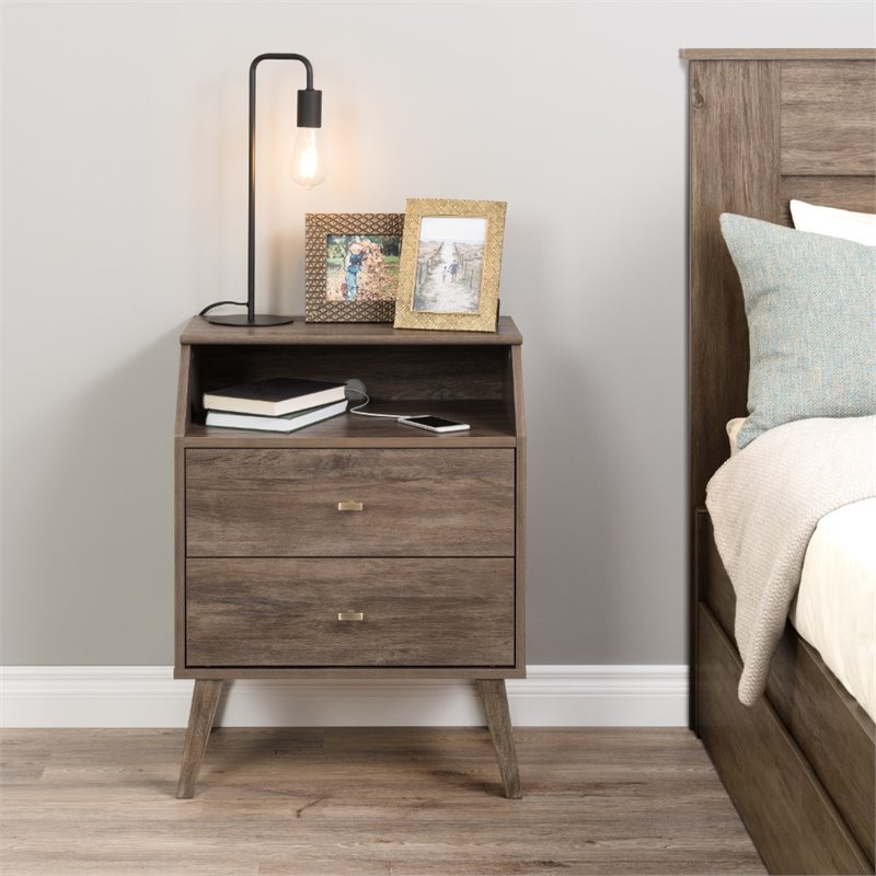 Prepac Milo Mid Century Modern 2 Drawer Nightstand with Cubby in
