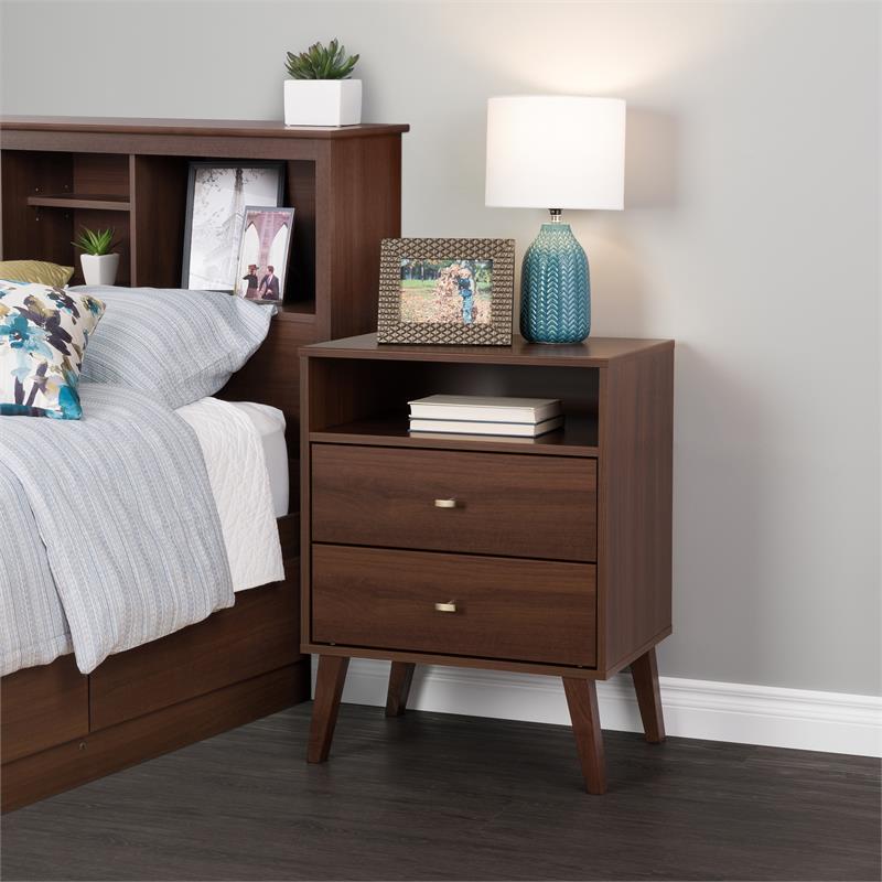 Prepac Milo 2 Drawer Mid Century Modern Nightstand with Open Shelf in