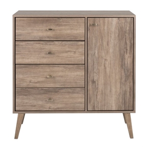 prepac milo mid century modern 4-drawer chest with door-drifted gray