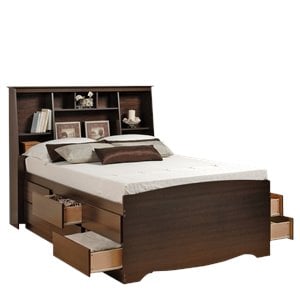 prepac manhattan tall bookcase platform storage bed in espresso finish