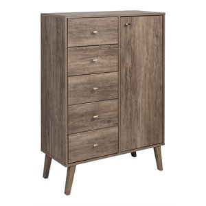 prepac milo 5-drawer mid-century modern wood chest with door in gray