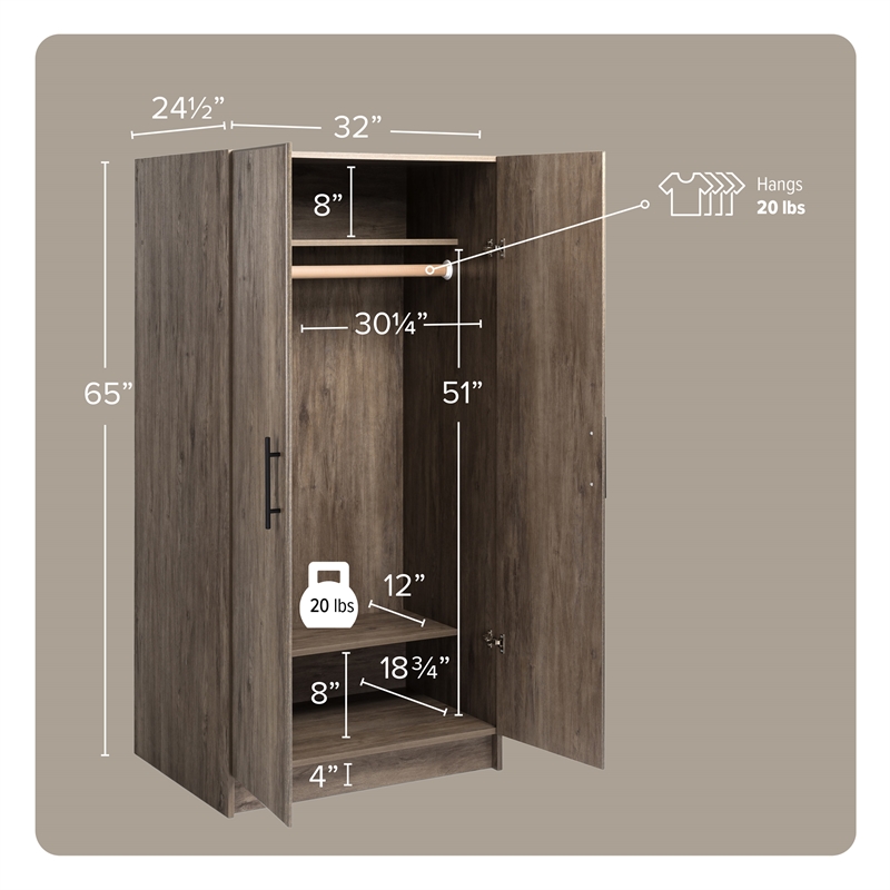 Prepac Elite 32 inch Drifted Gray Engineered Wood Wardrobe Cabinet
