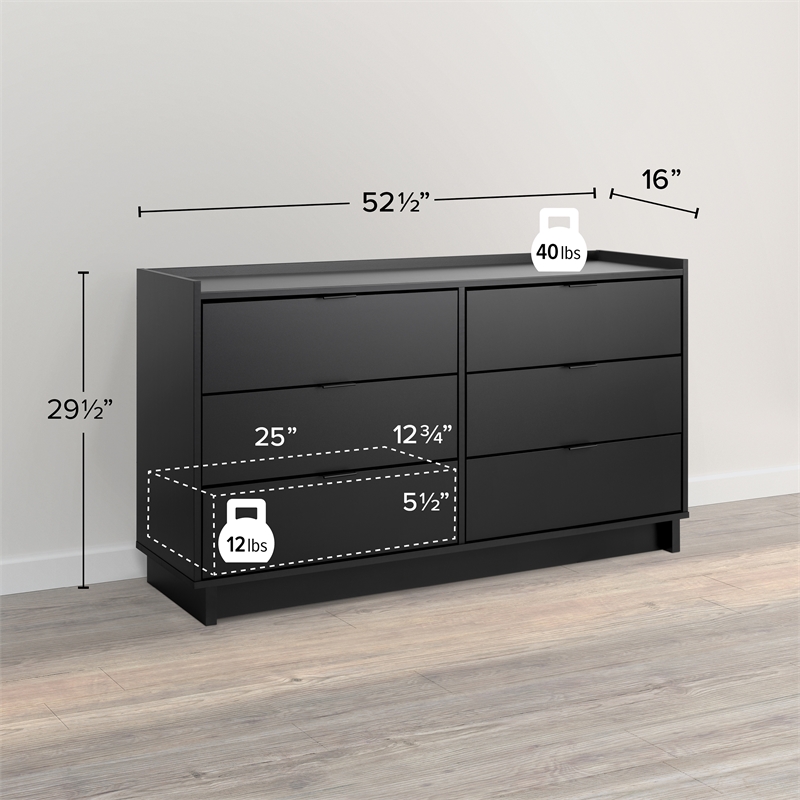 Prepac Simply Modern 52.5 in. 6-Drawer Engineered Wood Dresser in Black