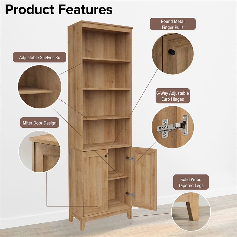 Prepac Yaletown 79.5 in. Tall 6-Shelf Engineered Wood Bookcase in Natural Oak
