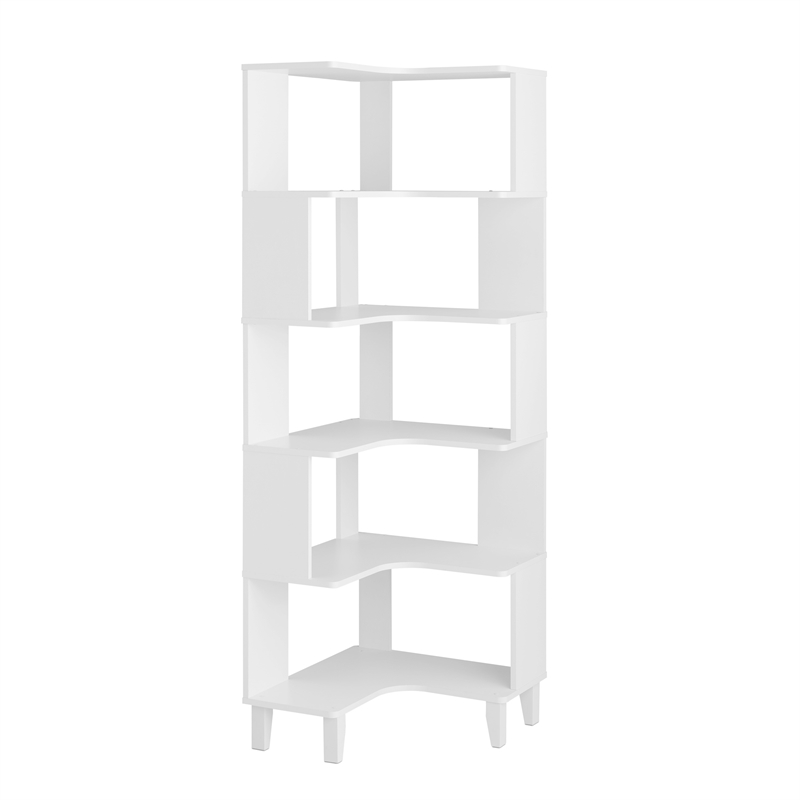 Prepac Nordik 71.5 in. Tall 6-Tier Engineered Wood Corner Bookcase in White
