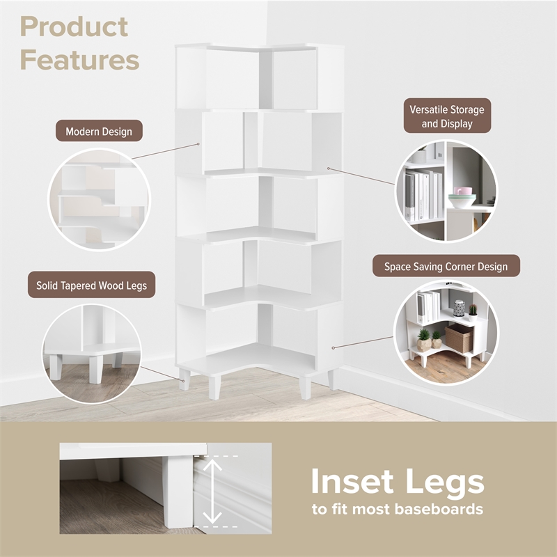 Prepac Nordik 71.5 in. Tall 6-Tier Engineered Wood Corner Bookcase in White