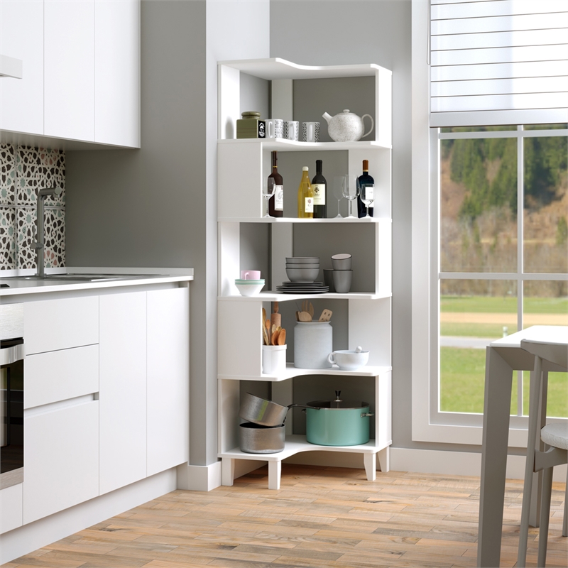 Prepac Nordik 71.5 in. Tall 6-Tier Engineered Wood Corner Bookcase in White