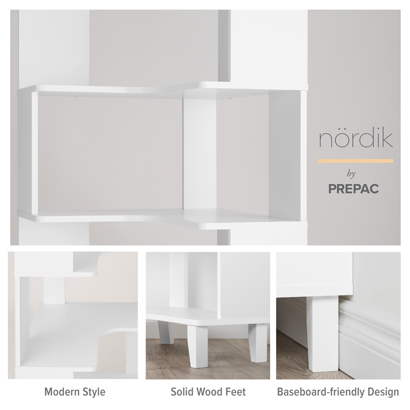 Prepac Nordik 71.5 in. Tall 6-Tier Engineered Wood Corner Bookcase in White