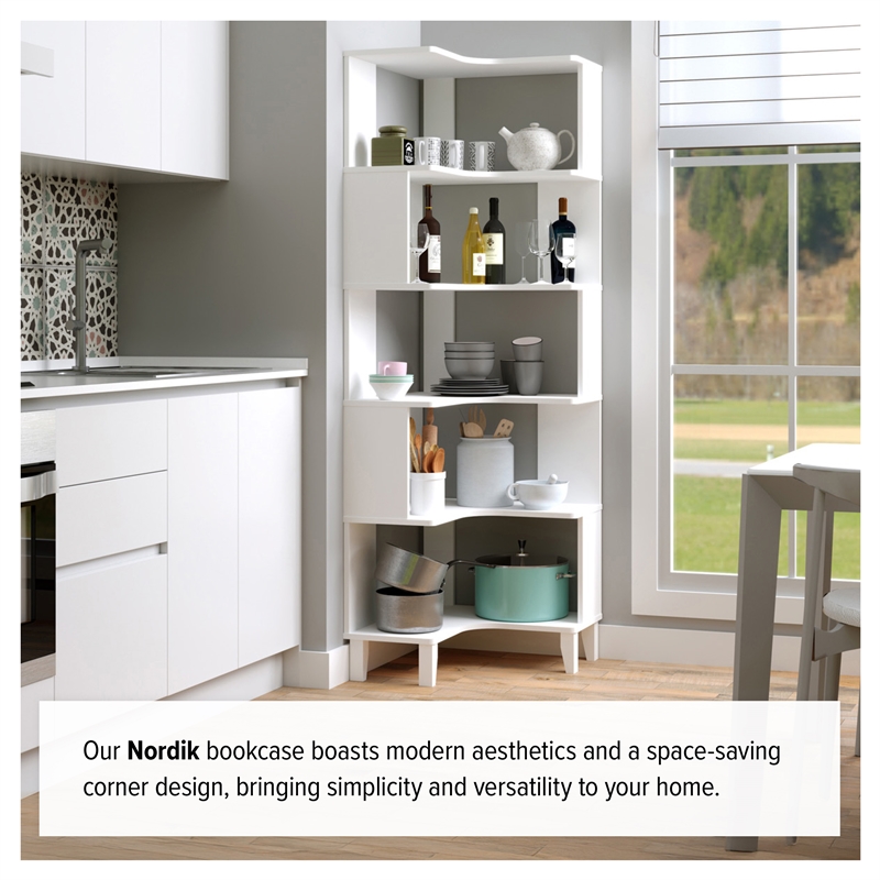 Prepac Nordik 71.5 in. Tall 6-Tier Engineered Wood Corner Bookcase in White