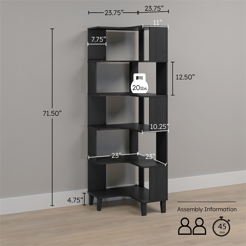 Prepac Nordik 71.5 in. 6-Tier Engineered Wood Corner Bookcase in Black Oak