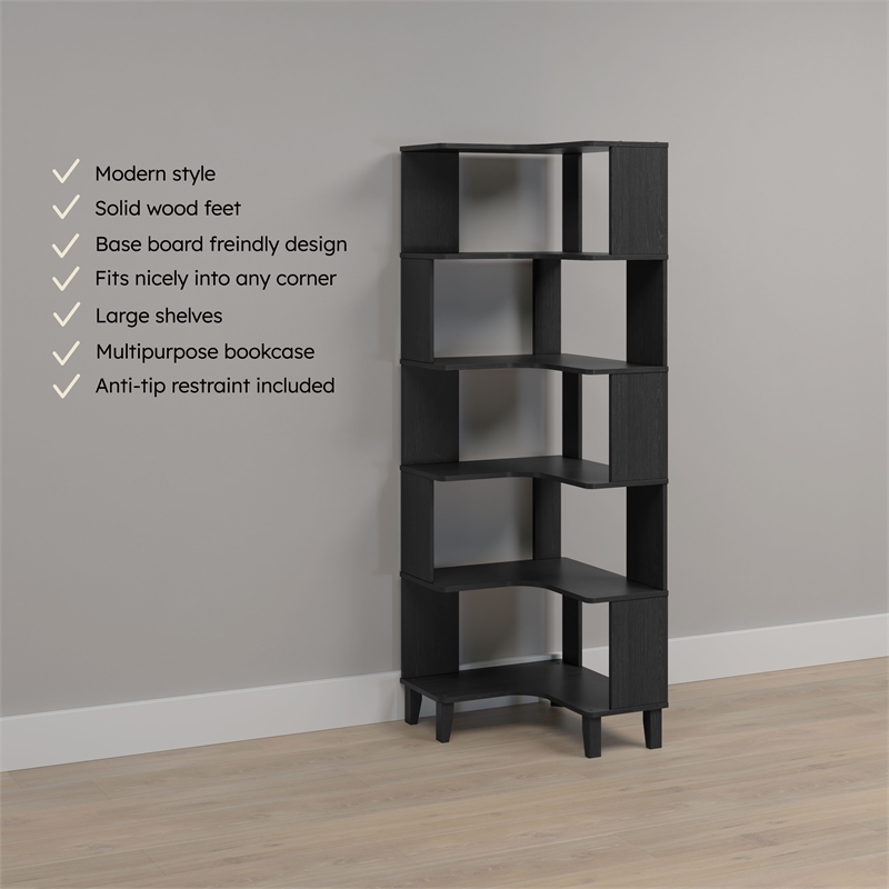 Prepac Nordik 71.5 in. 6-Tier Engineered Wood Corner Bookcase in Black Oak